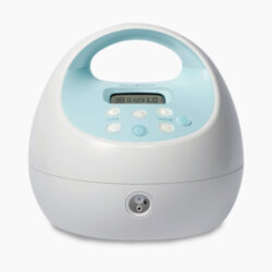 A white and blue electric breast pump with a digital display and control buttons on the front.