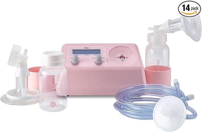 A pink electric breast pump kit with bottles, tubing, and accessories arranged around the central pump unit; "14 pack" label in corner.