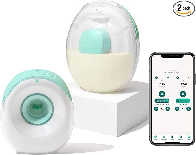 Two wearable breast pumps with teal accents next to a smartphone displaying a pump control app; "2 pack" label in top right corner.