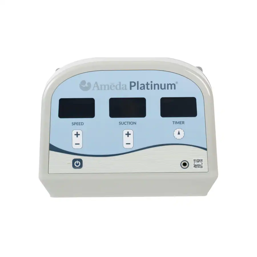 Ameda Platinum breast pump control panel with buttons for speed, suction, timer, and a power button on a white background.