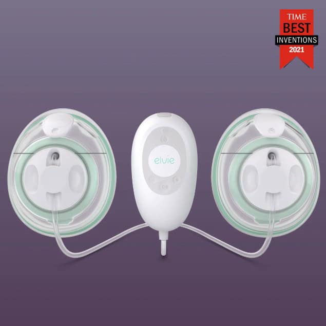 A wearable breast pump with two collection cups, a central control unit, and a "TIME Best Inventions 2021" badge in the top right corner.