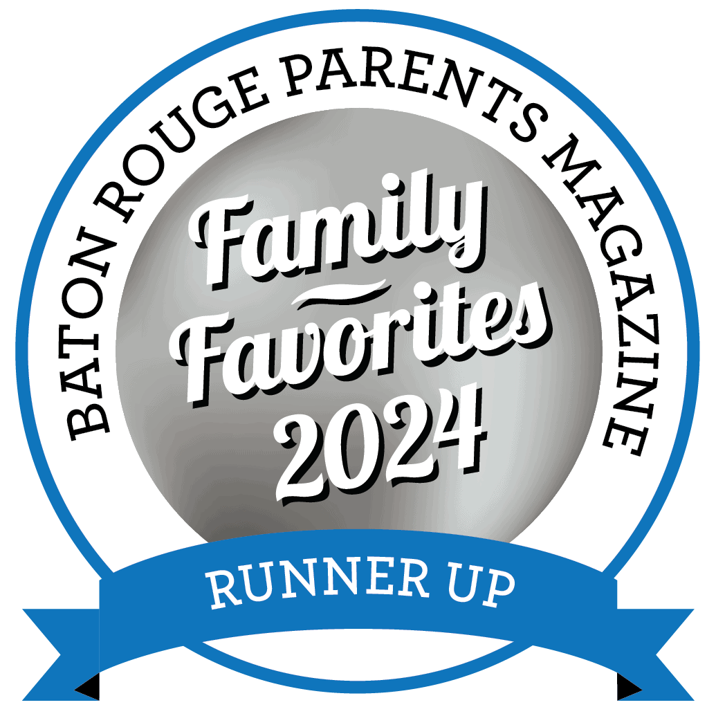 Round badge with "Baton Rouge Parents Magazine Family Favorites 2024 Runner Up" text on a gray circle, blue ribbon at the bottom.