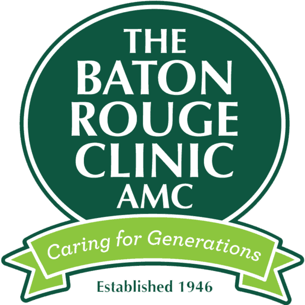 Logo of The Baton Rouge Clinic AMC, featuring a green circle and text: "Caring for Generations, Established 1946," symbolizing trusted medical treatment in Baton Rouge.