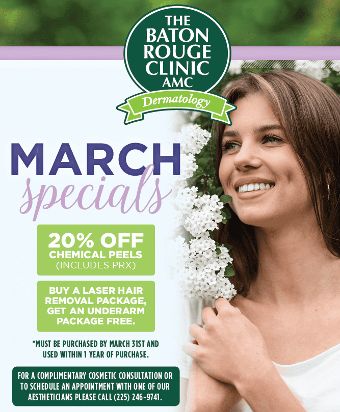 A woman smiling with a white flower next to her face. Text advertises March specials for dermatology services, including 20% off chemical peels.