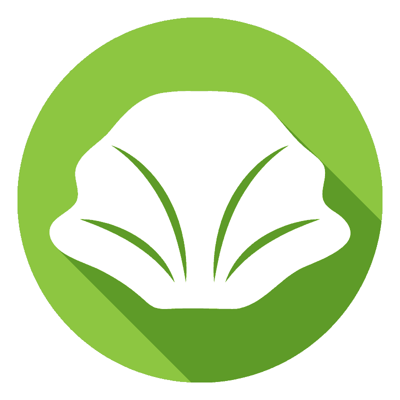 A white dumpling icon with green accent lines, centered on a green circular background with a long shadow.