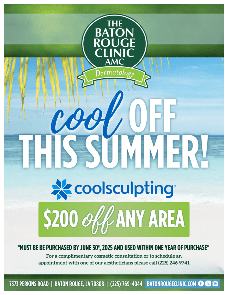 A promotional flyer for Baton Rouge Clinic offering $200 off CoolSculpting services, with summer graphics and contact information.