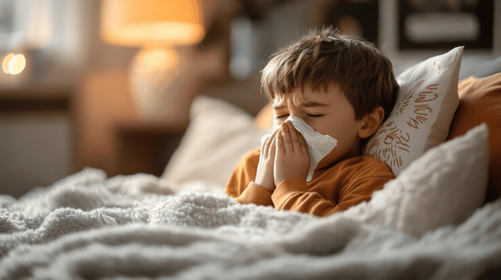 A young boy sits in bed under a blanket, holding a tissue to his nose as if sneezing or blowing his nose.