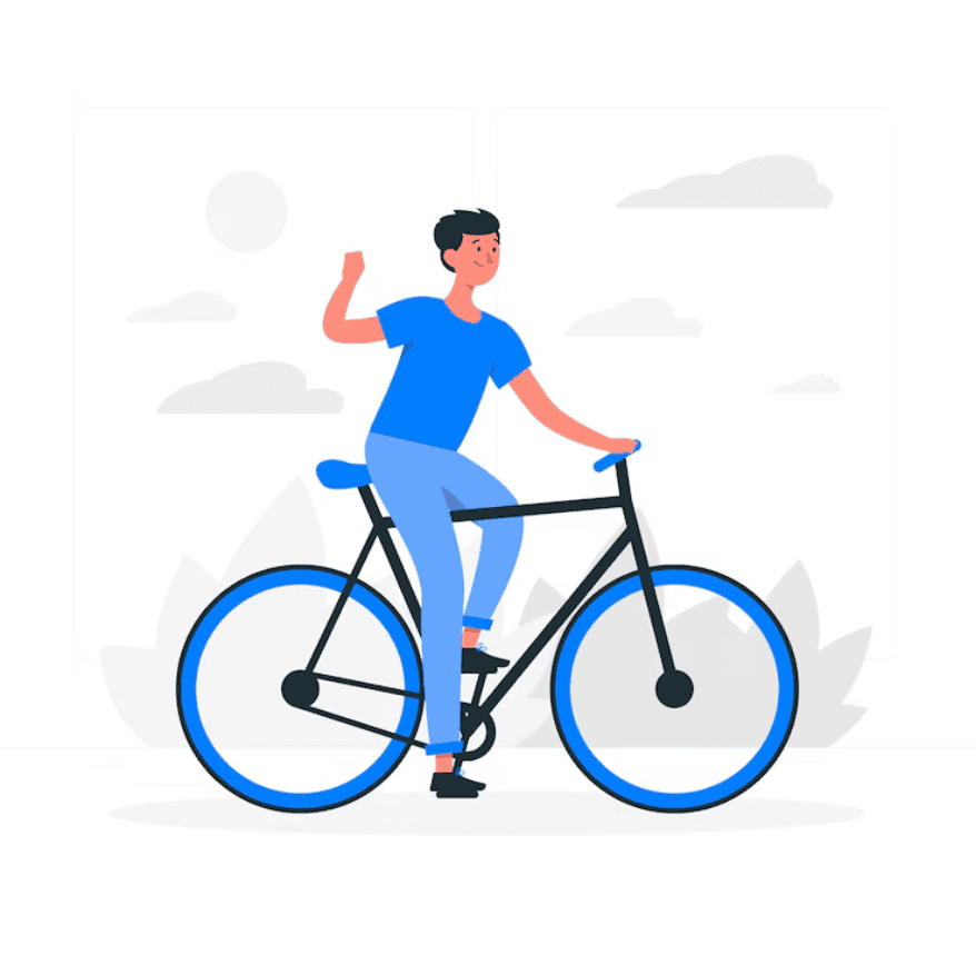 Illustration of a person riding a bicycle outdoors, with one hand on the handlebar and the other hand raised, against a cloudy background.