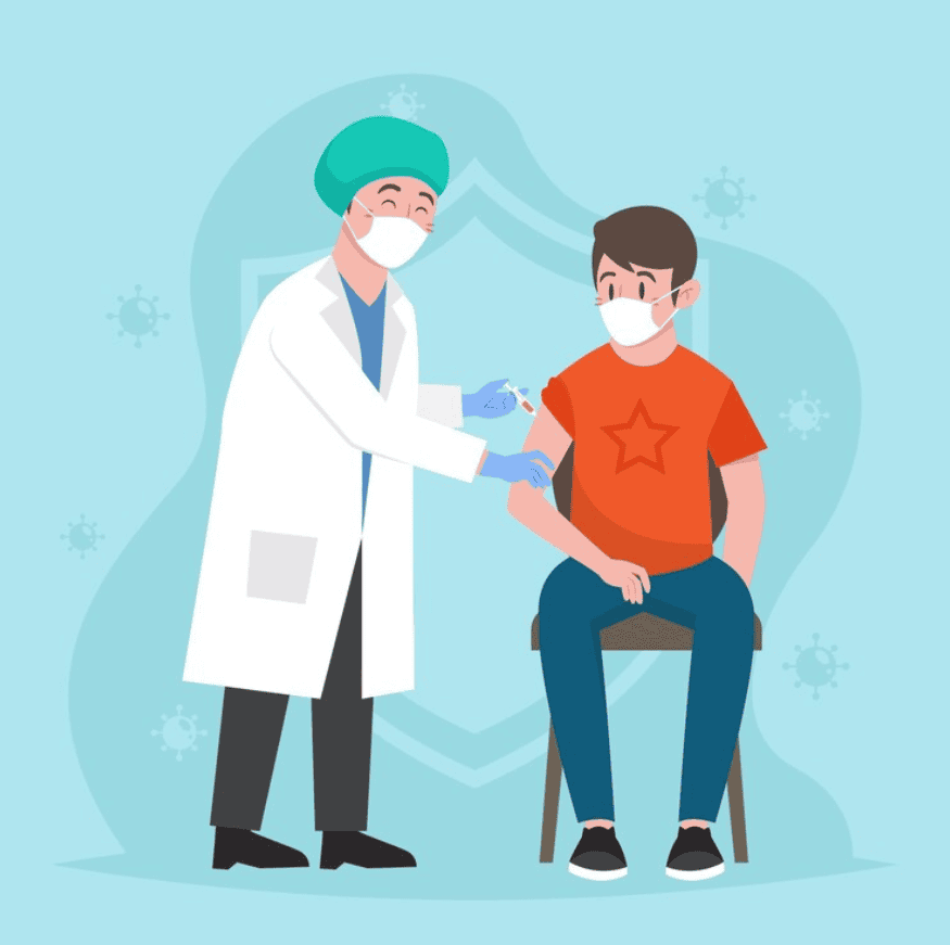 A masked healthcare worker gives a seated, masked person in a red shirt an injection in the arm against a blue background.