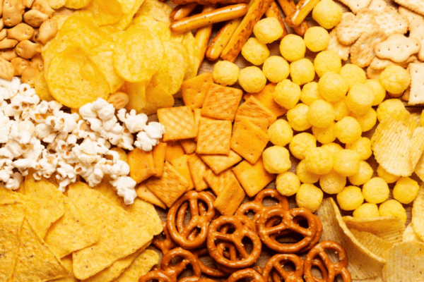 An assortment of salty snacks including pretzels, popcorn, potato chips, cheese balls, crackers, and tortilla chips.