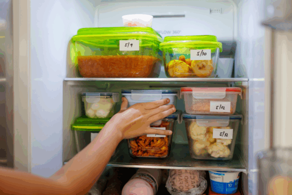 A hand reaches into a refrigerator filled with labeled, green-lidded food containers and bottles on the shelves.