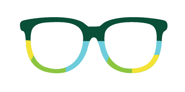 Illustration of eyeglasses with dark green tops and alternating blue, yellow, and green segments along the bottom of the frames.