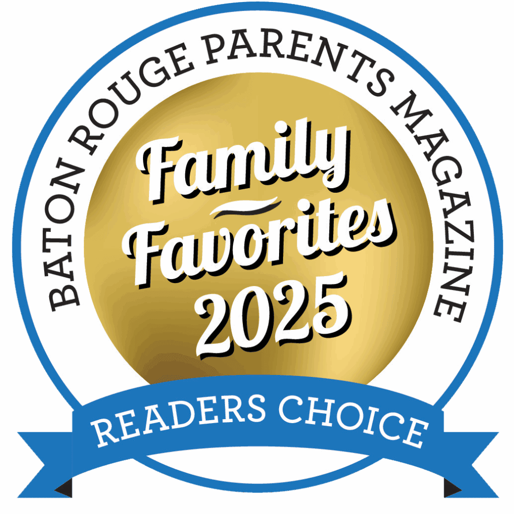 A gold and white badge reads "Family Favorites 2025" with "Baton Rouge Parents Magazine" and "Readers Choice" on a blue ribbon.