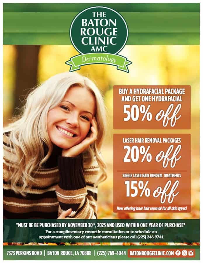 A smiling woman outdoors with text advertising discounts on hydrafacial and laser removal at The Baton Rouge Clinic Dermatology.