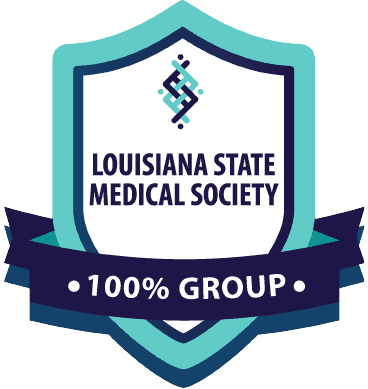 A shield-shaped badge with "Louisiana State Medical Society" and "100% Group" written in bold letters on a blue ribbon.