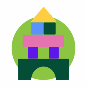 Illustration of colorful geometric shapes stacked to resemble a building, set against a green circle background.