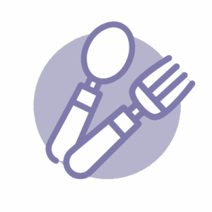 A simple illustration of a spoon and fork with thick handles, overlapping in front of a light purple circle.