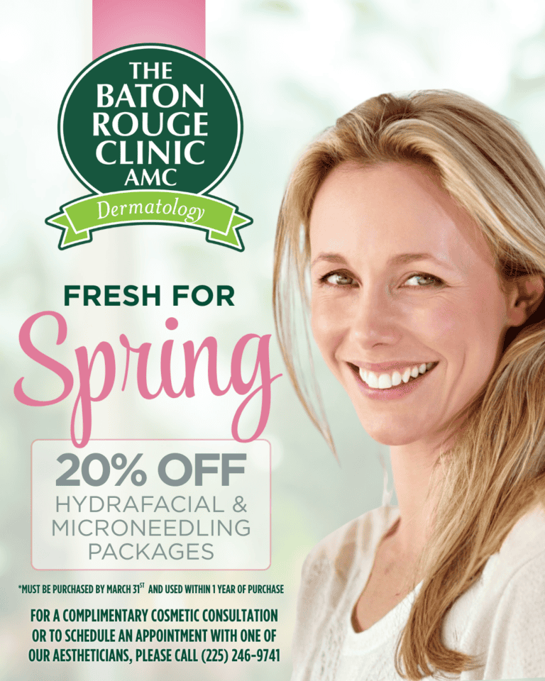 Promotional ad for The Baton Rouge Clinic offering 20% off hydrafacial and microneedling, featuring a smiling woman on the right.
