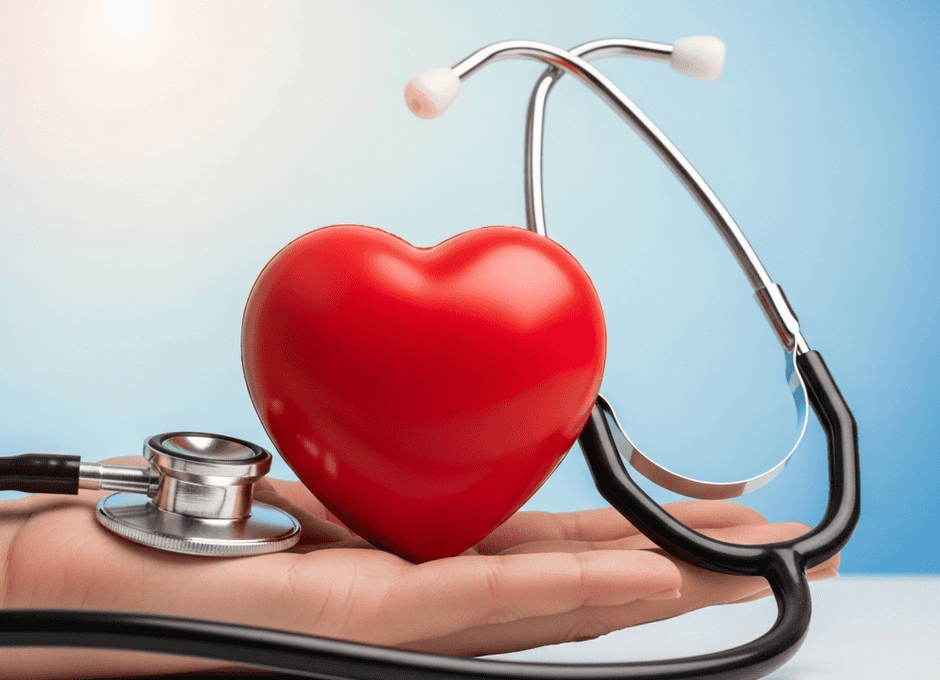 A hand holds a red heart model with a stethoscope draped around it, symbolizing heart health and medical care.